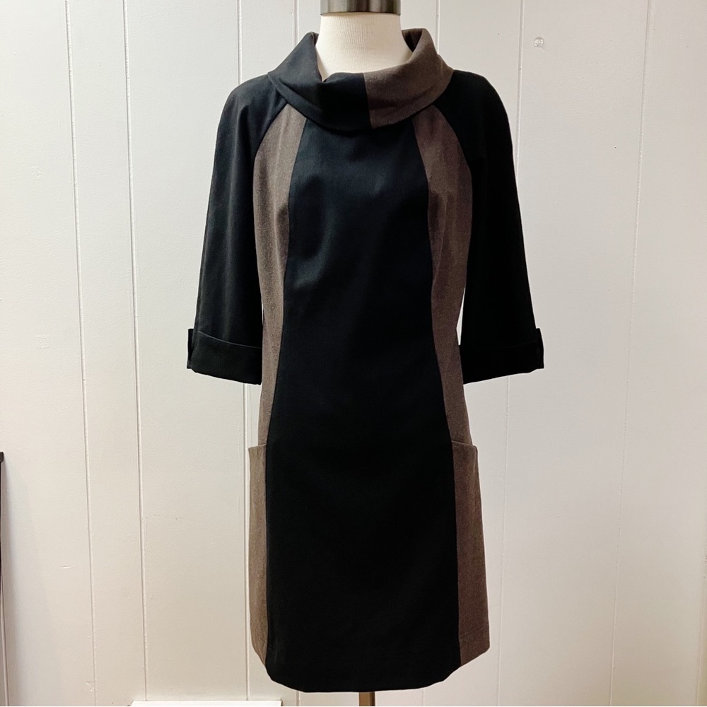 Etcetera Black and Brown Paneled Cowl Neck Dress
